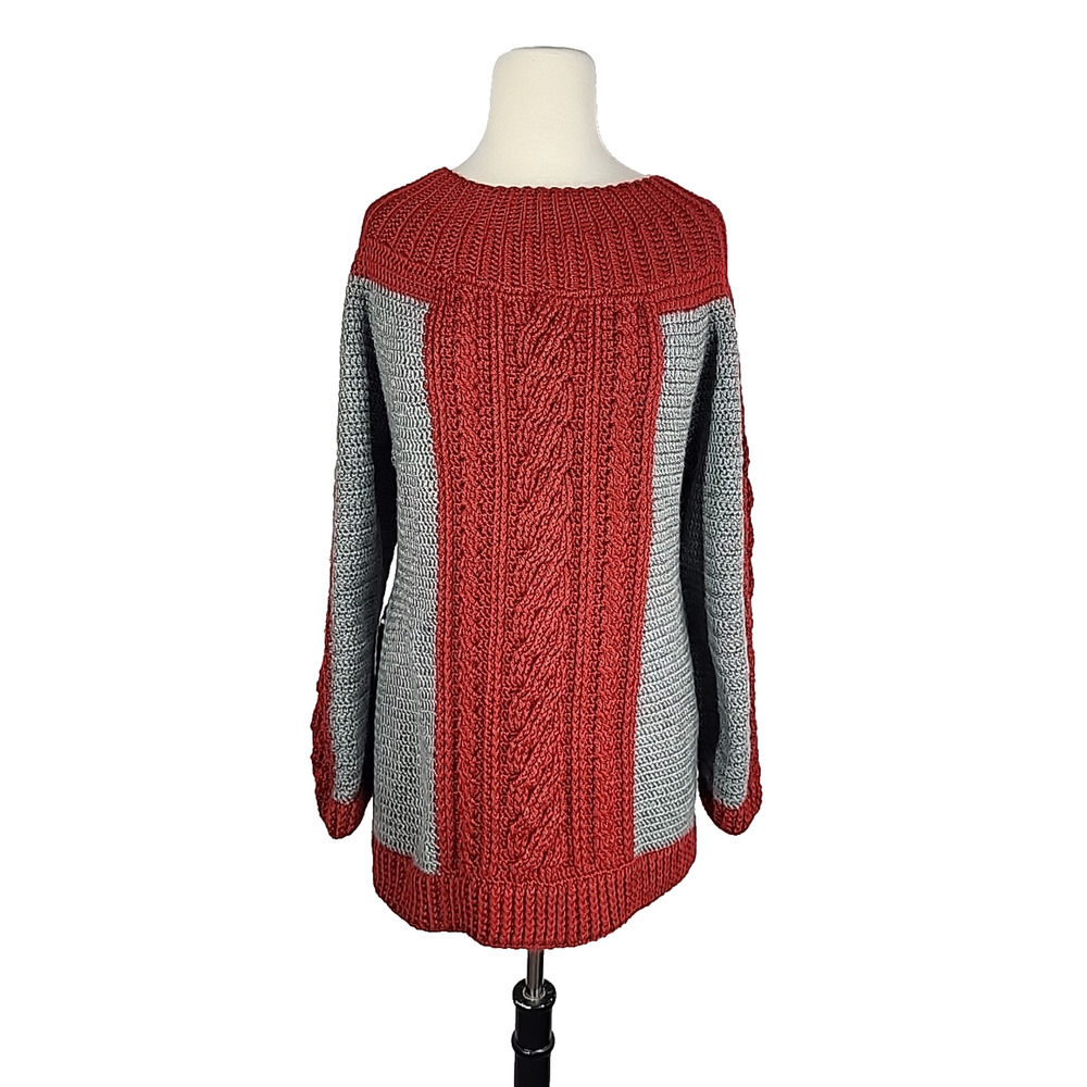 Cable Knit Sweater‎ Women's Medium Red Gray Chunky Colorblock Cabincore Winter
